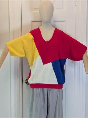 Vintage 1980s Colorblock Women’s Sweater in Red, Yellow, Blue & White